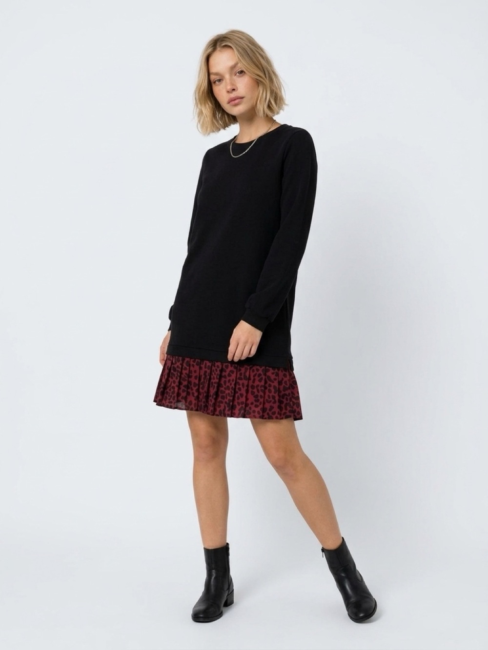 KINLY Black Terry Leopard Pleated Drop Waist Mini Dress Small Long Sleeve